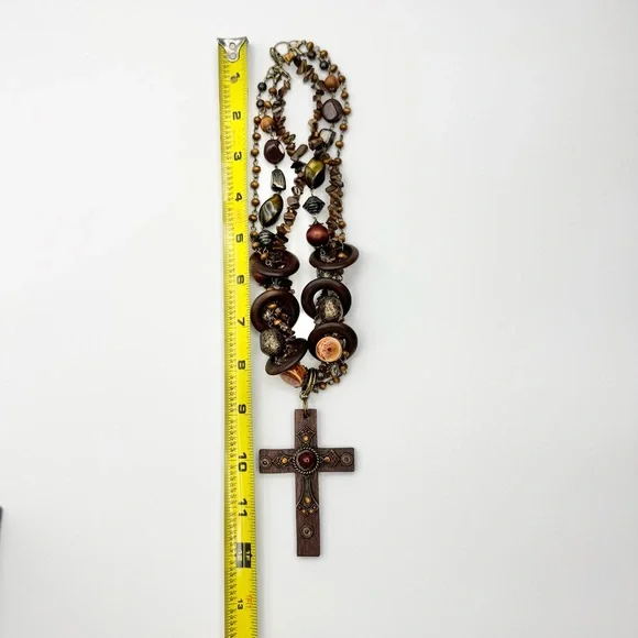 Vintage Rustic Boho Cross Statement Necklace Tiger Eye - Picture 15 of 15